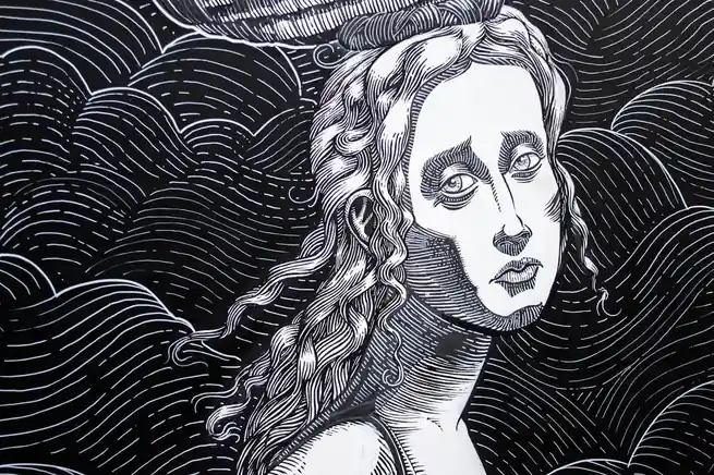Črno-bela ilustracija ženskega obraza